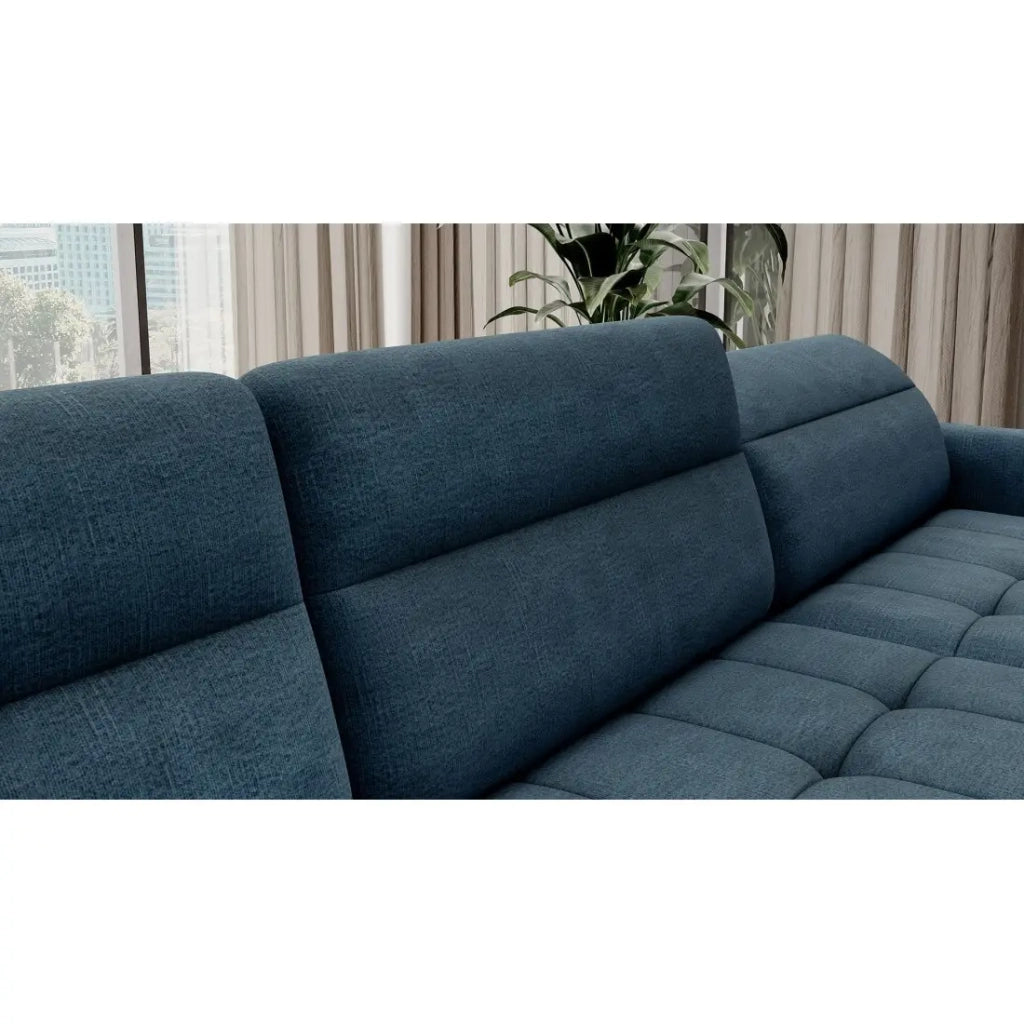 Canapé d'angle convertible BERTHO 306 cm bleu canard chenillé – Angle droit avec coffre