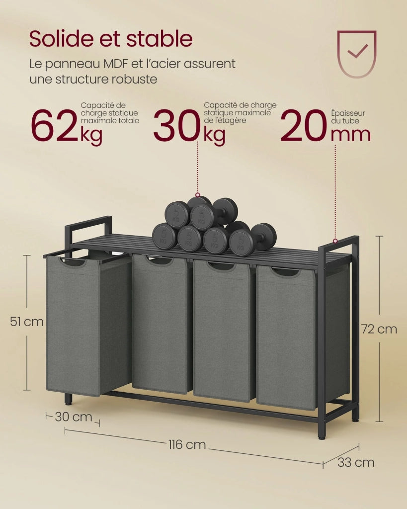 Cesto portabiancheria con 3 scomparti e 1 ripiano rimovibile per sacchetti capacità 38 litri per sacchetto per bagno/lavanderia marrone rustico e nero 12_0006760