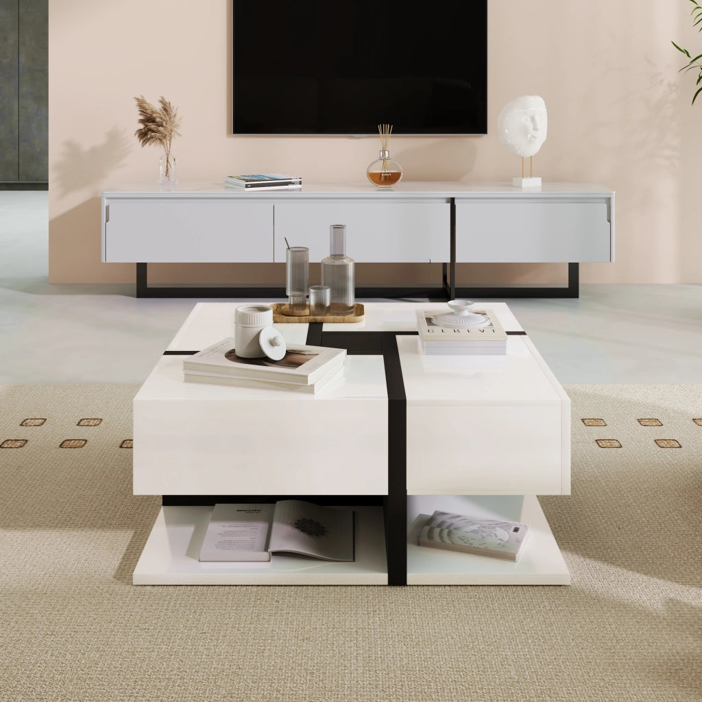 Tavolino da Caffè Quadrato con 4 Cassetti e Ripiano; Motivo a Linee Bicolore; Bianco Lucido; in Pannello Truciolare; 78×78×36 cm