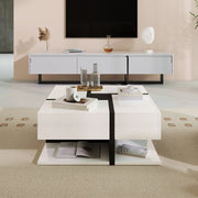 Tavolino da Caffè Quadrato con 4 Cassetti e Ripiano; Motivo a Linee Bicolore; Bianco Lucido; in Pannello Truciolare; 78×78×36 cm