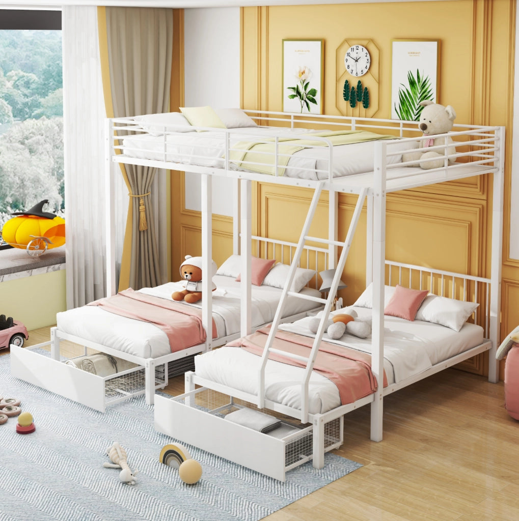 Letto a tre livelli in metallo bianco 140x200 cm; trasformabile in 3 letti separati con 2 cassetti