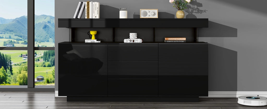 Credenza moderna nera lucida 140 cm 3 cassetti mobile soggiorno con luci led