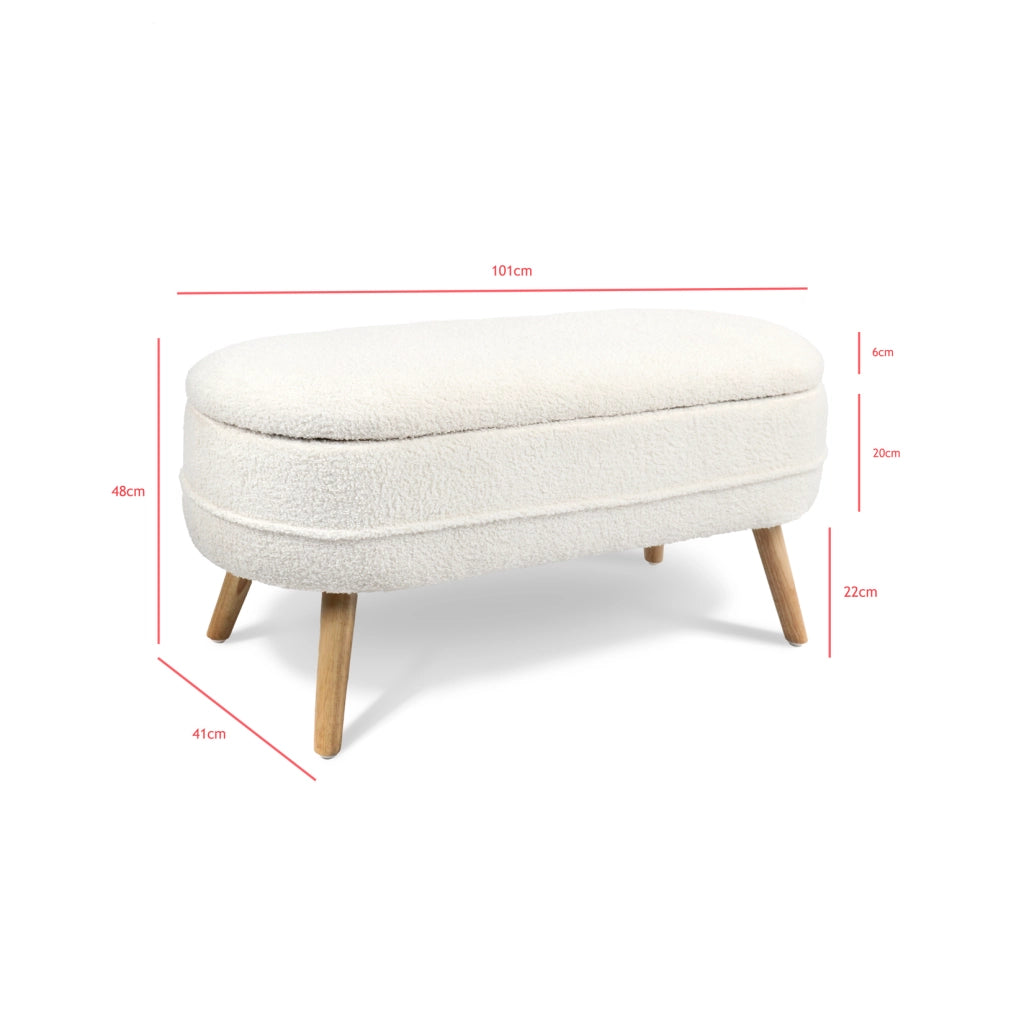 Panca contenitore Hispanohogar tessuto bouclé bianco e gambe legno 48x101x41cm