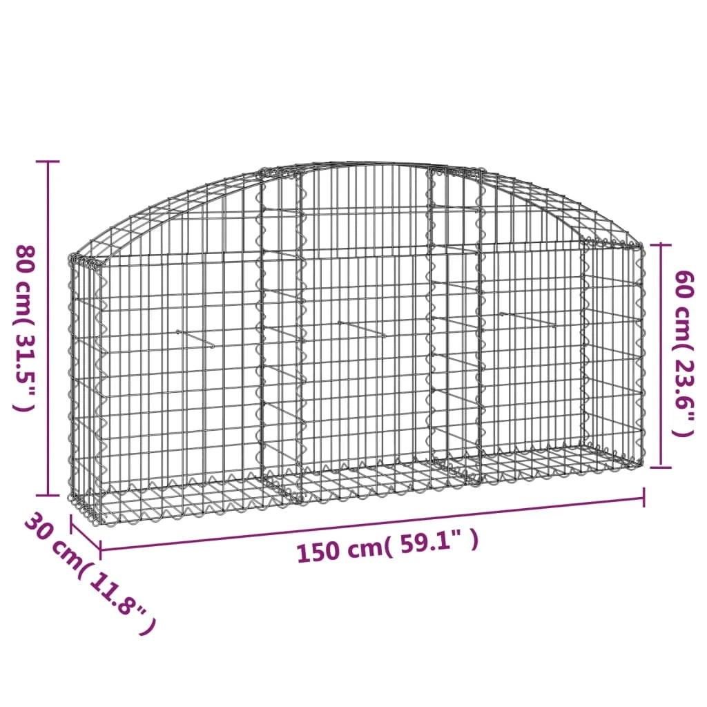 Cesto gabbione recinzione a gabbia muro di contenimento ad arco 150 x 30 x 60/80 cm ferro zincato argento 02_0039978