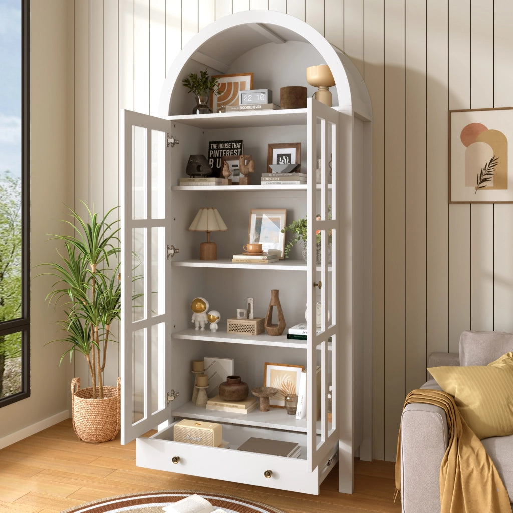 Vetrina ad arco con ripiani e 1 cassetto; per soggiorno; in MDF; 75×35×170.5 cm; bianco