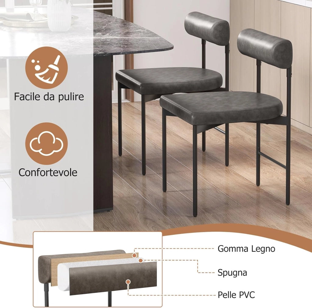 Set di 2 Sedie per Sala Pranzo con Schienale e Seduta Imbottita in Ecopelle, Sedia per Cucina con Gambe in Metallo, Sedia Moderna Comfortevole per Soggiorno, Capacità di 180 kg, Grigio