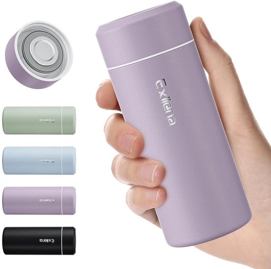 Mini termos 250 ml con coperchio in acciaio inossidabile, bottiglia di vetro doppio vetro a vuoto compatta, 100% impermeabile, conservazione della temperatura 8-12 ore (lavanda grigio chiaro)