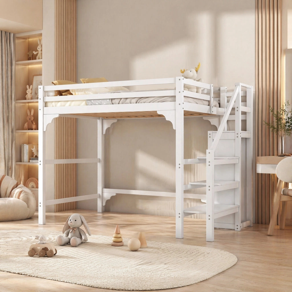 LETTO A CASTELLO ALTO 140x200 cm Bianco in pino con armadio e scala contenitore
