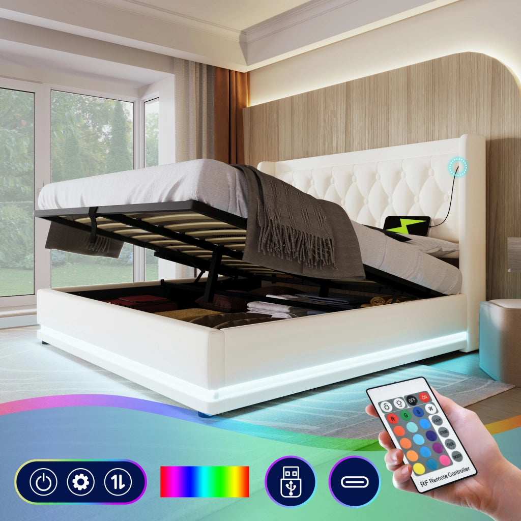 OKWISH Letto Contenitore 180×200 cm, Letto Matrimoniale con USB, Tipo C, LED e Testiera Imbottita, senza Materasso, in PU, Bianco