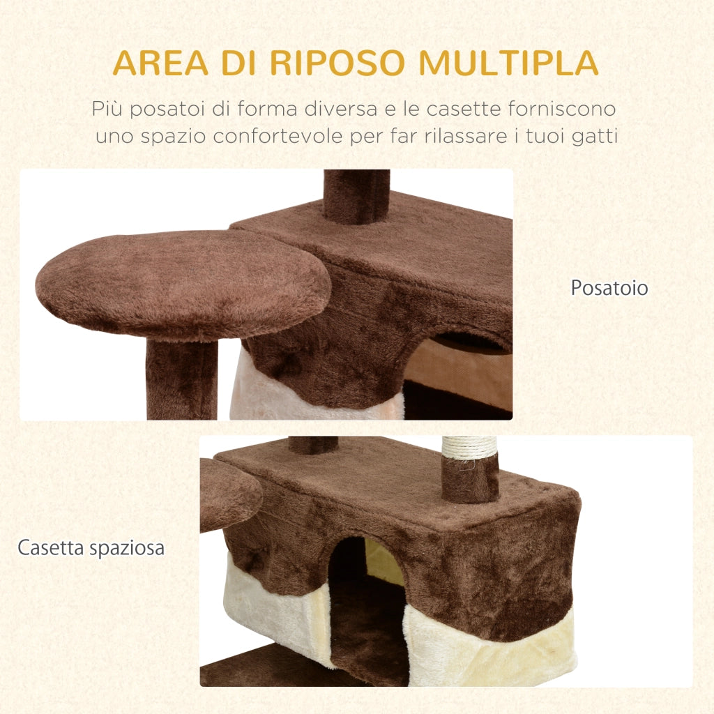 EasyComfort Albero Tiragraffi per Gatti in Peluche e Sisal con Cucce e Pallina 50×50×134.5cm Caffè e Crema