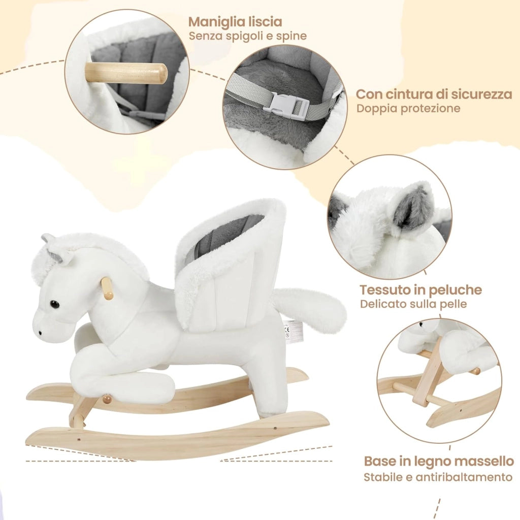 Cavallo a Dondolo in Legno Cavalluccio per Bambini Peluche Giocattolo Cavalcabile con Suoni e Cintura di Sicurezza Regalo Bimbi 1/2/3 Anni, Bianco e Grigio