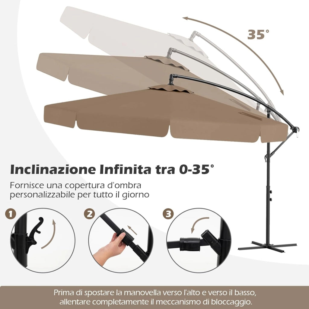 Ombrellone da Giardino 290 cm a Braccio | Inclinazione Regolabile, Manovella, 8 Stecche, Telo Solare, Copertura Inclusa