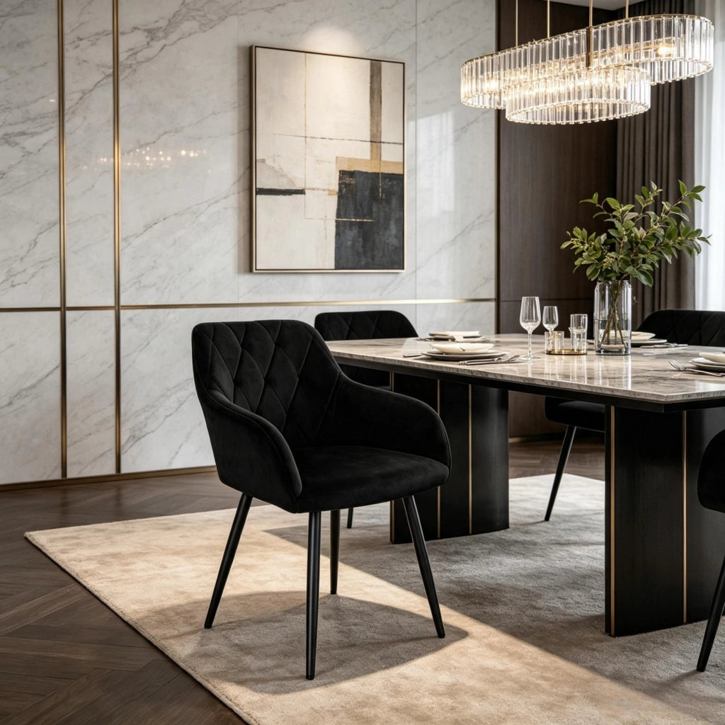 Sedia da pranzo imbottita con braccioli in velluto e struttura metallica, seduta 44x42,5 cm, portata 120 kg