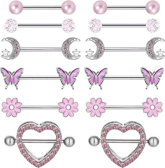 Set di 12 Piercings per Donna - Ponte in Acciaio Inossidabile Rosso e Piercings Finti