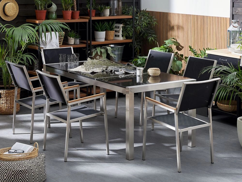 Set da pranzo da giardino Nero con piano in granito Nero 6 posti 180 x 90 cm piastra tripla