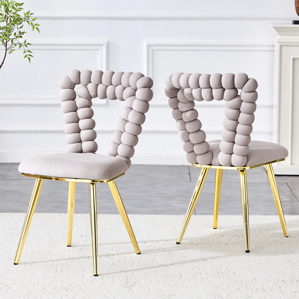 Sedia da pranzo 2 pezzi con schienale geometrico e gambe metalliche in velluto grigio chiaro
