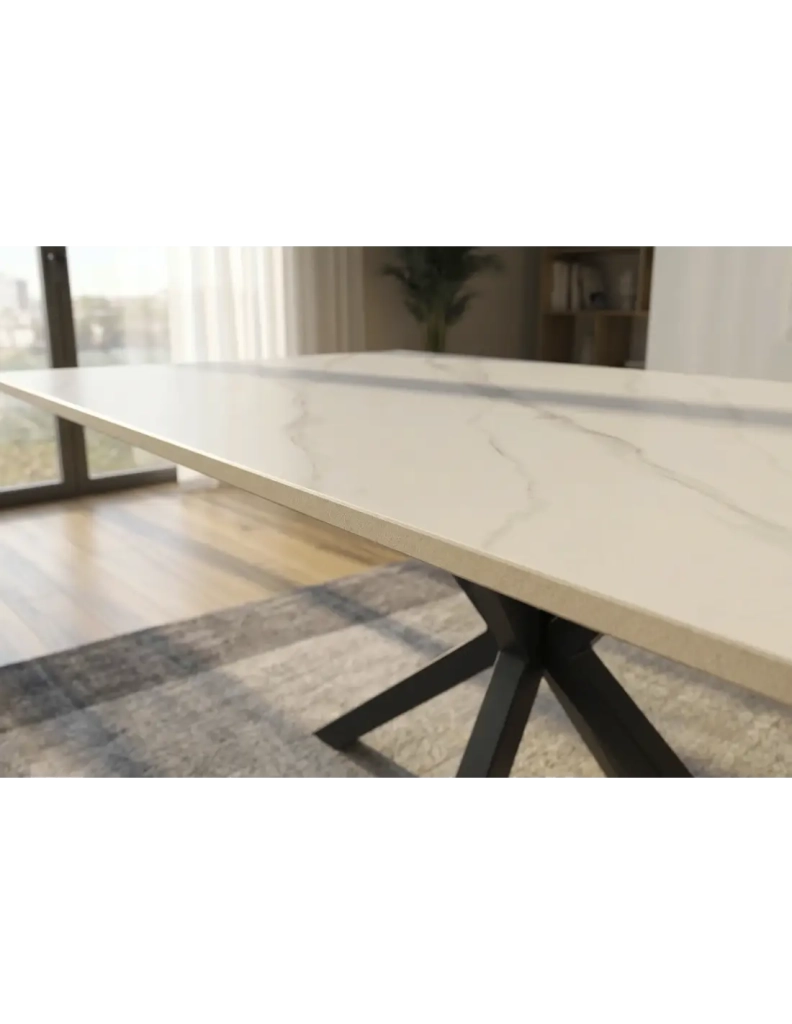 Table SOLARA 180 cm in ceramica effetto marmo bianco con piede a stella nero – 8 posti