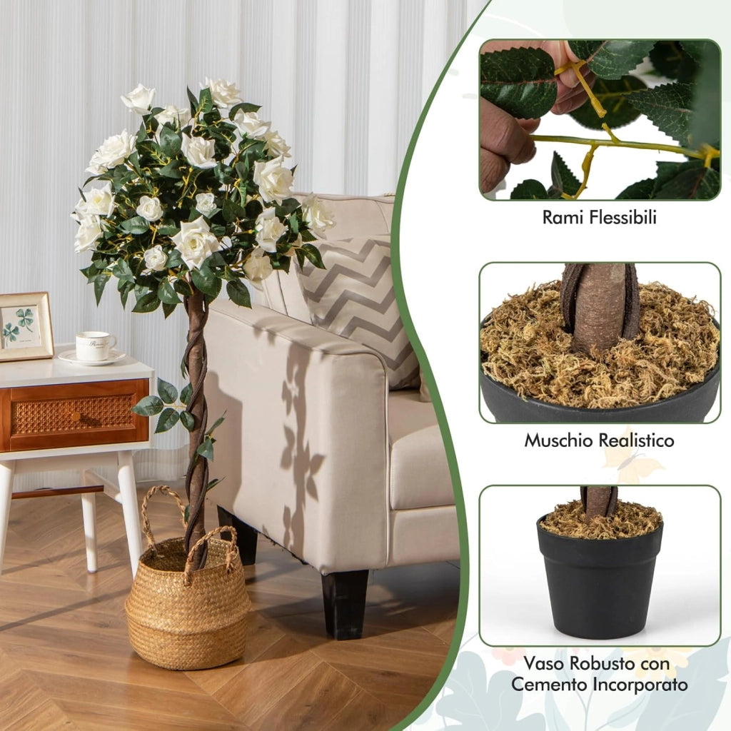 Pianta Floreale Finta 120 CM, Albero di Fiori Artificiali con Rose Bianche, Vaso da Vivaio, Pianta in Vaso da Interno per Decorazione Interna per Ufficio e Casa