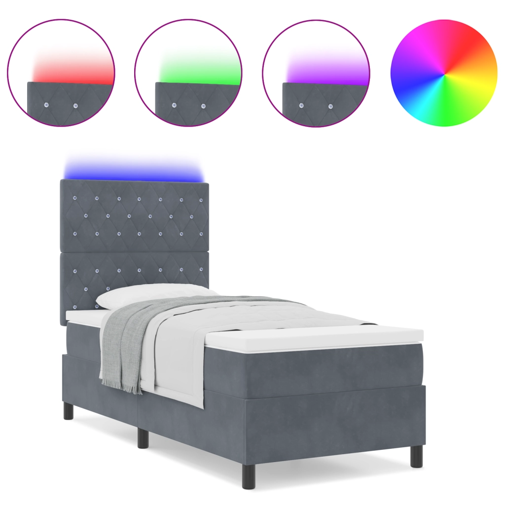 Letto Box Spring con Materasso e LED Grigio Scuro 90x200 cm Velluto