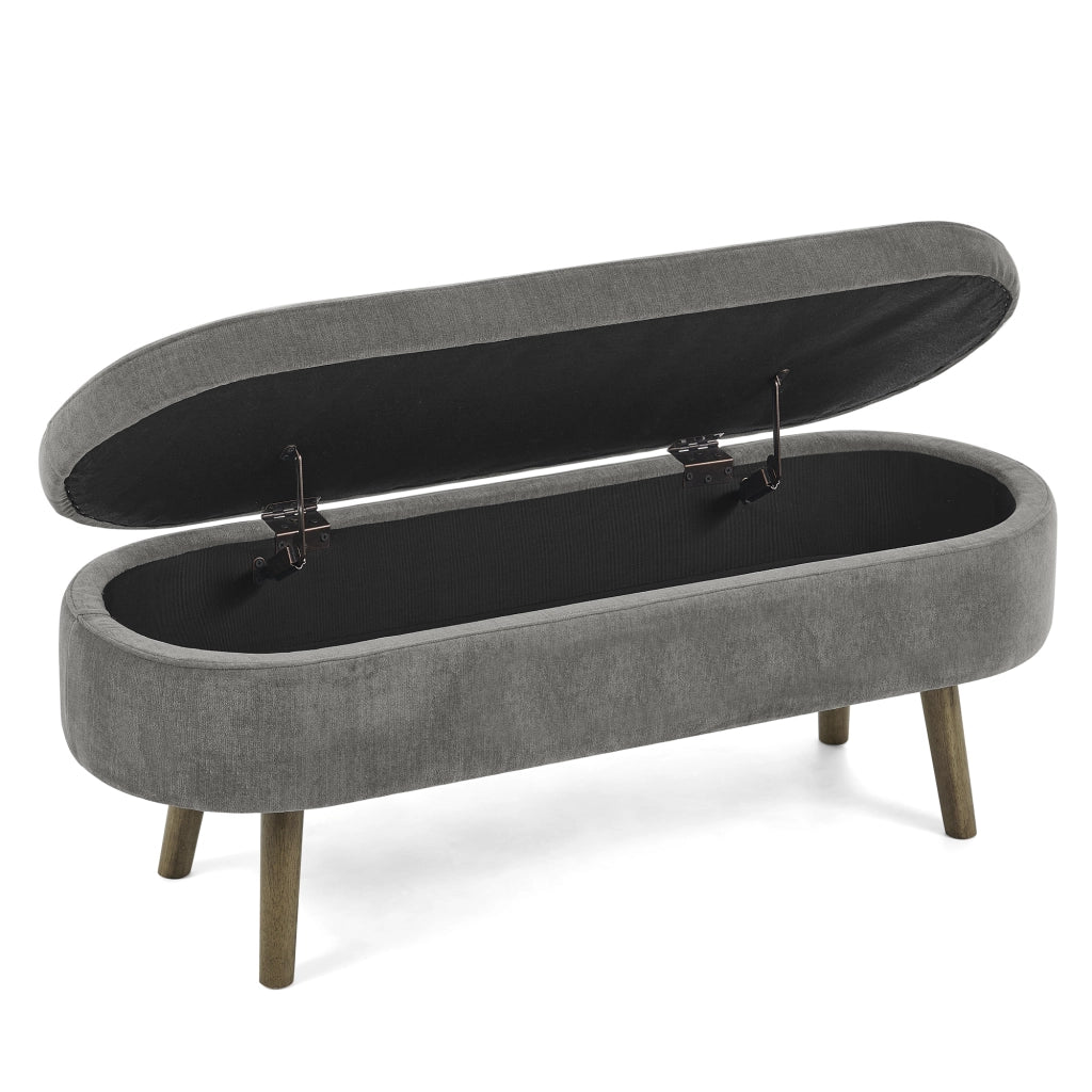 Panca contenitore in chenille grigio scuro con struttura in legno massello, 110x40x42 cm