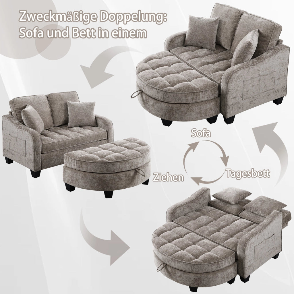 Divano letto convertibile 2-in-1 con pouf contenitore; tessuto traspirante; eucalipto; marrone; 132 Ã— 129 Ã— 93 cm