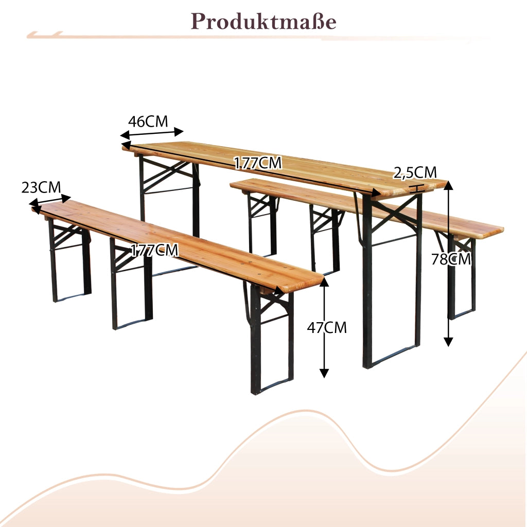 Set Tavolo e Sedie da Giardino con 1 Tavolo Pieghevole e 2 Panche Pieghevoli; Legno e Metallo; Naturale