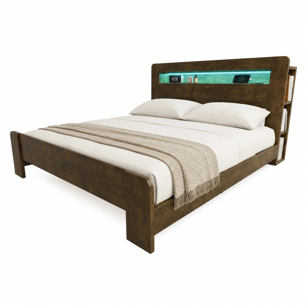 Letto con testiera matrimoniale 180×200 cm con ripiani; LED e prese; senza materasso; legno; vintage