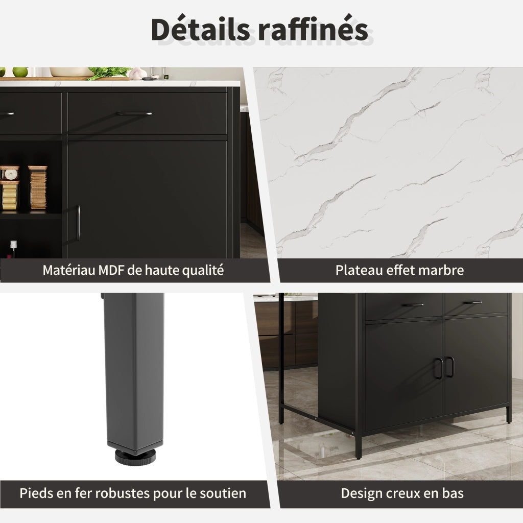Tavolo Alto con 2 Cassetti e Ripiano Regolabile; in MDF; Nero; per Cucina e Sala da Pranzo; 100 x 90 x 90 cm