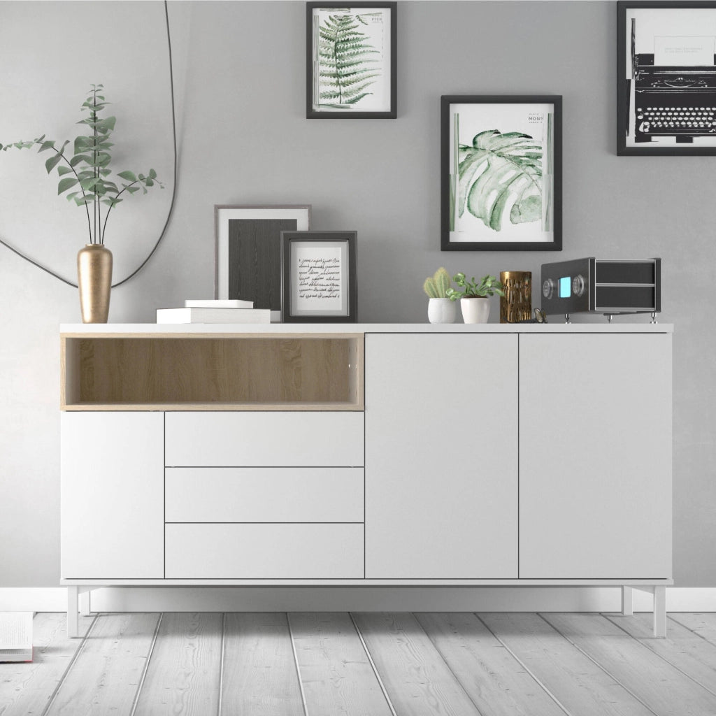 Credenza Julie, Buffet da soggiorno, Madia da salotto, Dispensa da cucina, 176x48 h90 cm, Bianco e Quercia