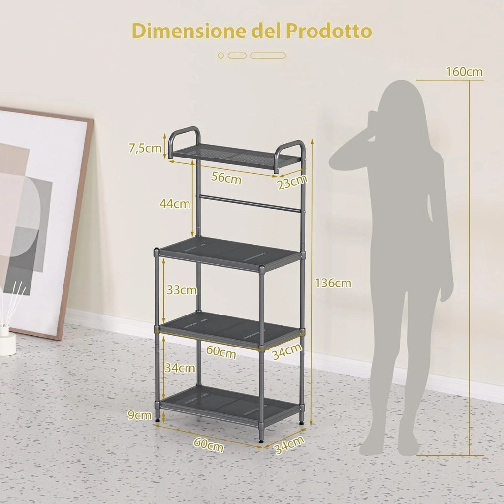 COSTWAY Microonde Scaffale da Cucina per Microonde in Metallo a 4 Ripiani, Carrello per Microonde Scaffalatura Organizzatore Portaoggetti, 60 x 34 x 136 cm (Grigio)