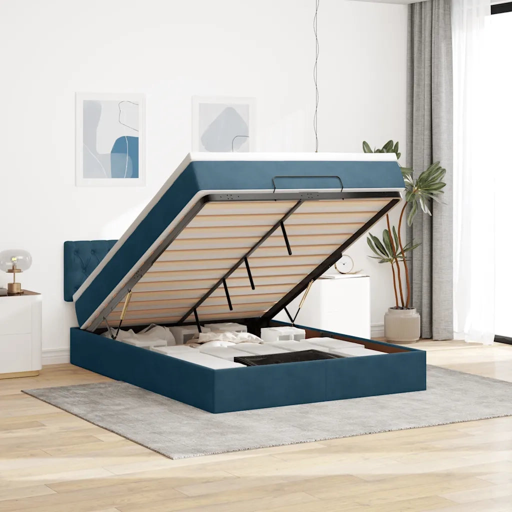 Struttura Letto Pouf con Materasso Blu 140x200cm in Velluto 3311853