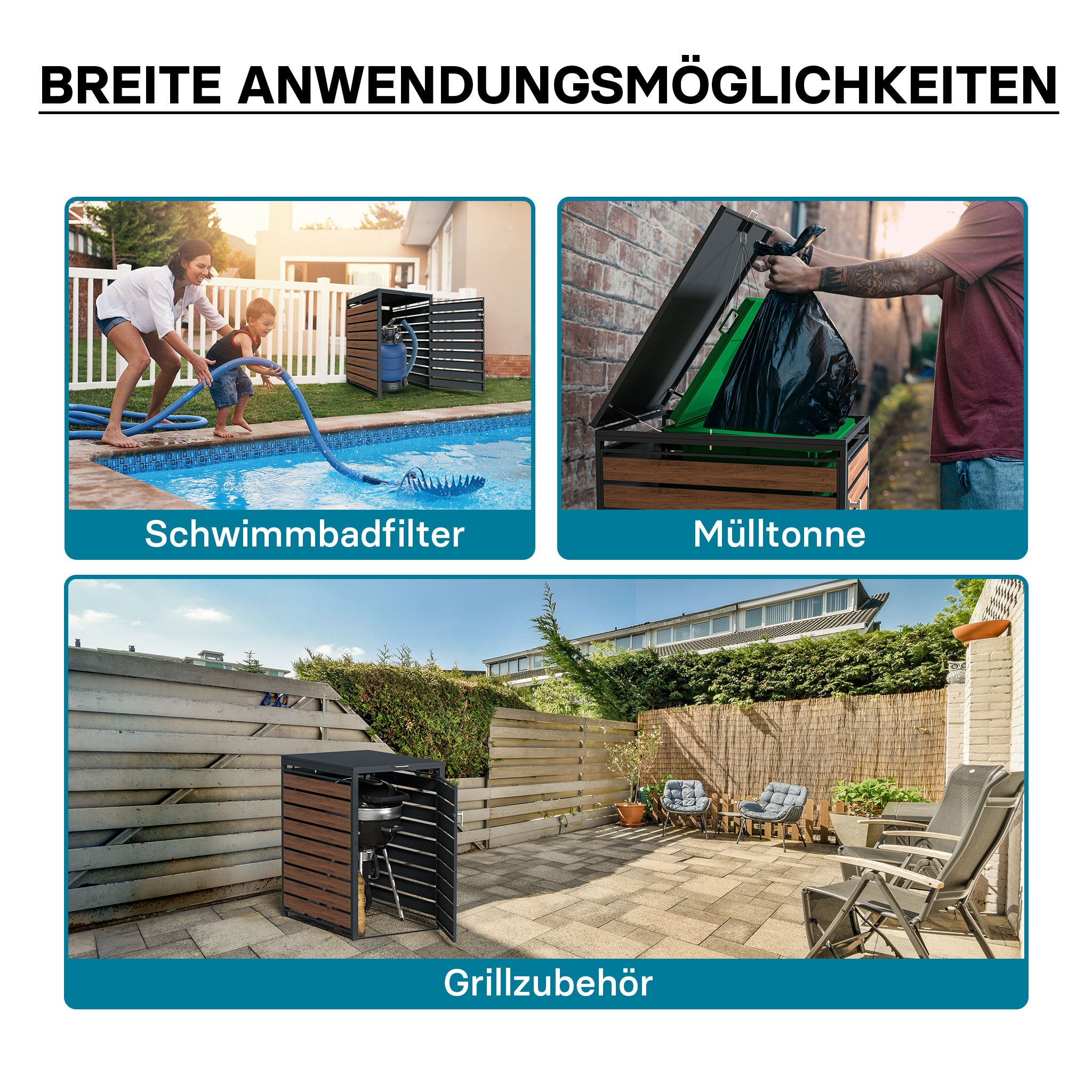 Copri bidone della spazzatura con coperchio ribaltabile per un contenitore 60-240l, acciaio antracite e effetto legno, copribidone da esterno