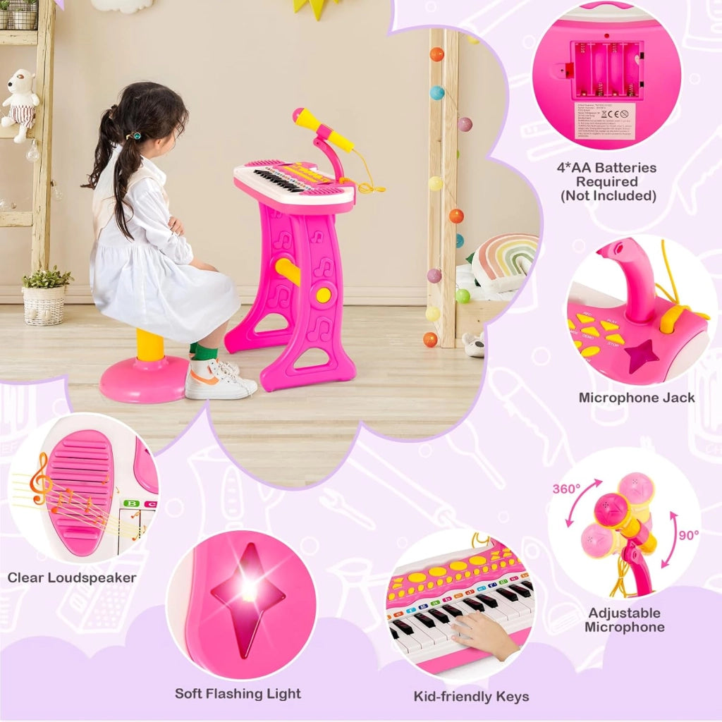 Pianola Bambini Musicale Tastiera, Tastiera Digitale a 31 Tasti, Mini Tastiera per Bambini con Effetti Luminosi e Microfono, Strumenti Musicali con Sgabello, 22 Battiti/8 Toni/7 Ritmi (Rosa)