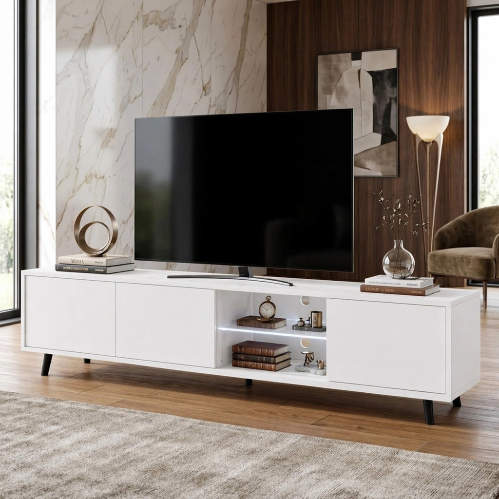 Mobile TV L Con Tre Ante Battenti Vano Centrale Con Ripiano In Vetro E LED Porta Televisore In Melanico Piedini In Metallo Per Soggiorno Salotto Zona Living 175 x 40 x 31.5 cm Bianco