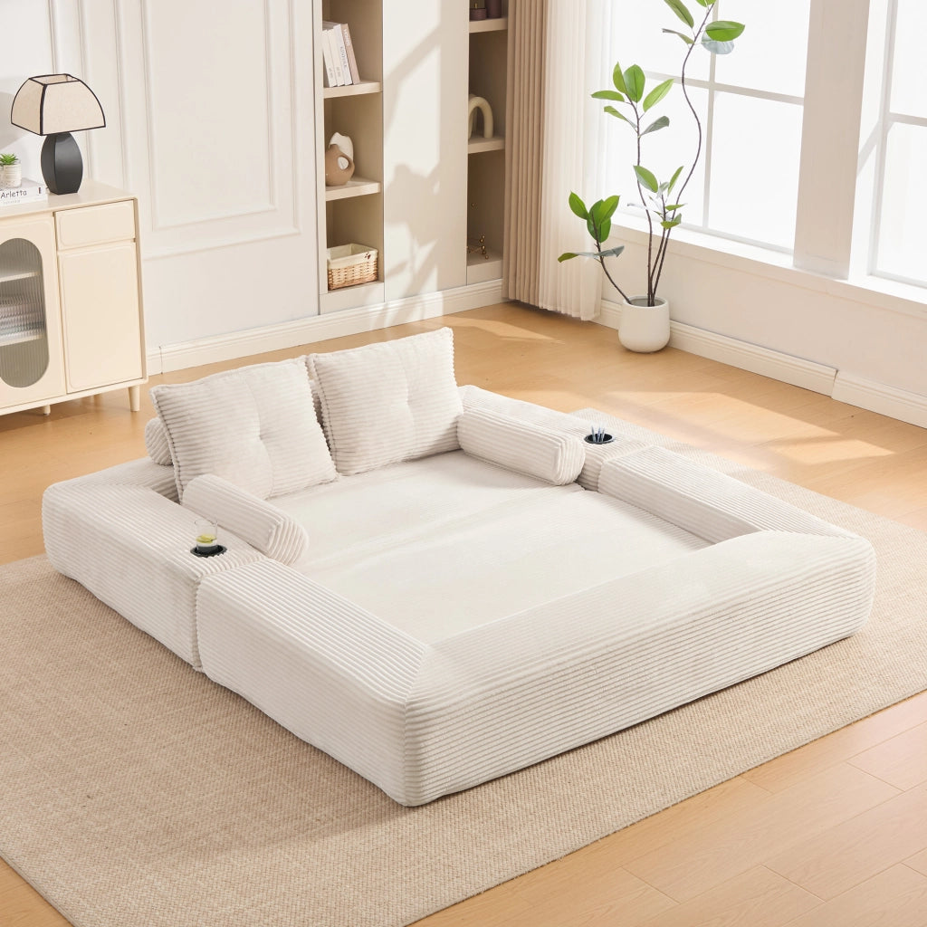 Divano letto multifunzionale in corduroy beige, struttura con molle e cuscini memory, 180x98x80 cm