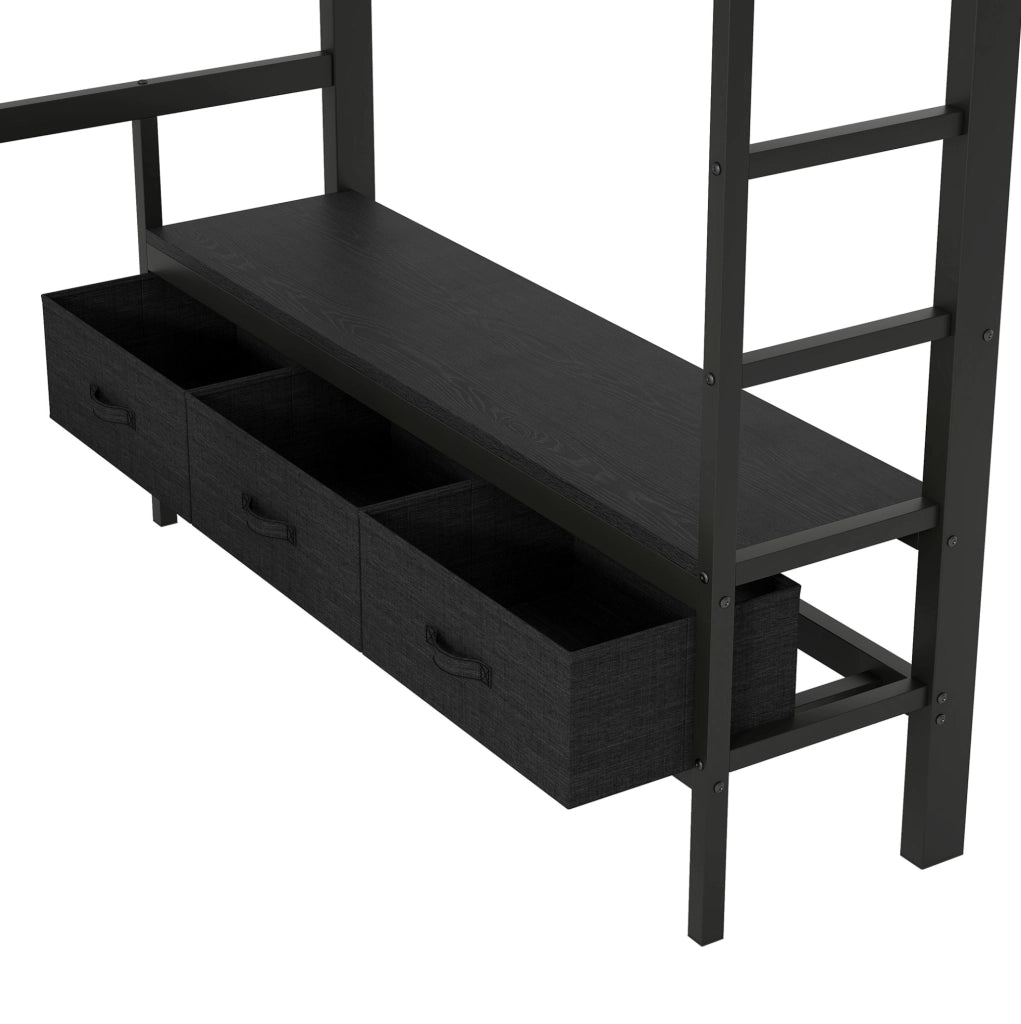 Letto a soppalco 140x200 cm con scrivania; LED e cassetti in metallo e MDF nero