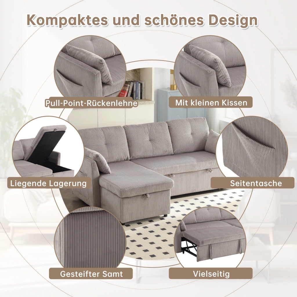 Divano letto modulare con contenitore e seduta reversibile in velluto a coste grigio chiaro 206 × 108 × 66 cm