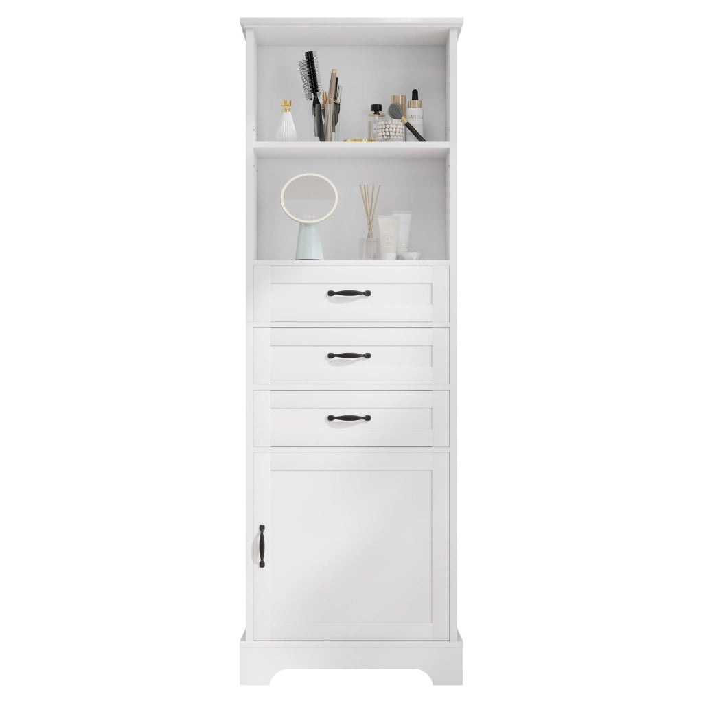 Mobile bagno bianco 56 x 25,6 x 167 cm in MDF laccato con 3 cassetti, vani a giorno e ripiano regolabile
