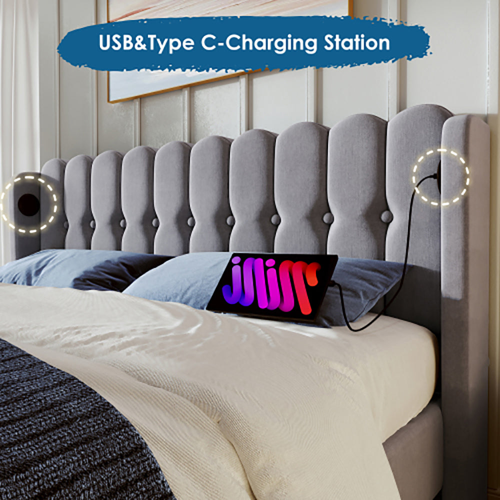 Letto matrimoniale imbottito - Xylo - 140x200 cm - Grigio - USB Type C, rete a doghe