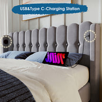 Letto imbottito con USB Type C - Xylo - 160x200 cm - Grigio - Con struttura a doghe e materasso