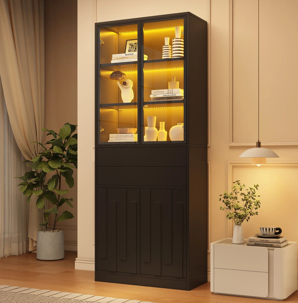 Vetrina alta con LED e 2 cassetti 70x34x180 cm in truciolare e vetro temperato; nero