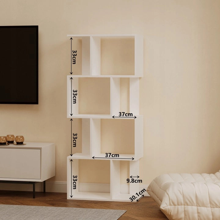 Libreria a colonna bianca aperta, mobile da biblioteca in stile loft moderno, 140 cm