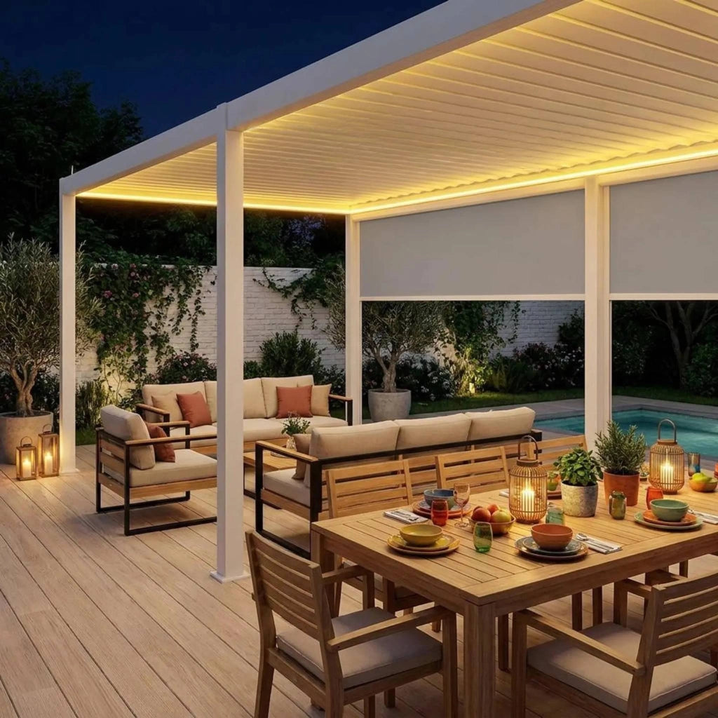 Pergola bioclimatica 3x6m elettrica in alluminio con led + 2 tende 3m,