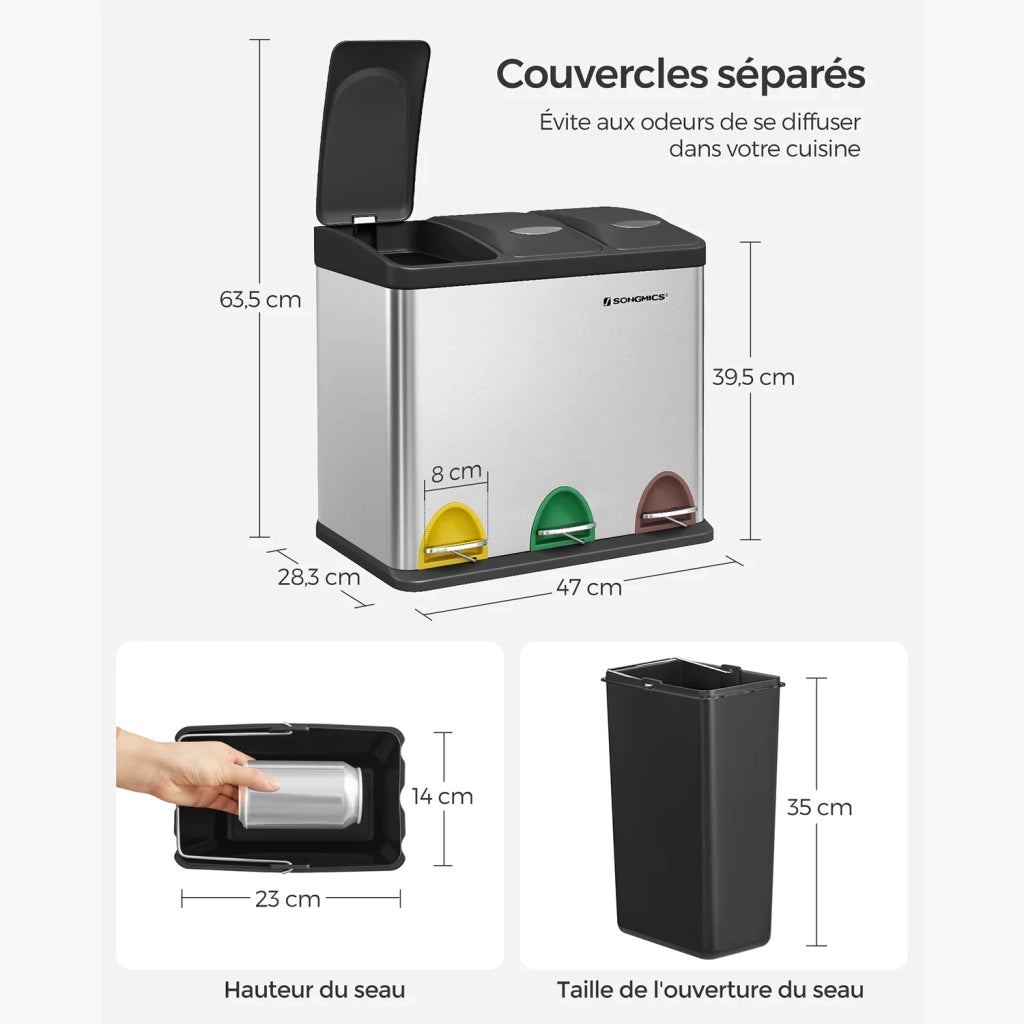 Pattumiera da cucina resistente con pedali e 3 scomparti 46,5 x 29,5 x 40,5 cm per la raccolta differenziata in acciaio inox grigio 12_0007236