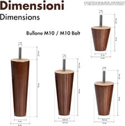 Piedini in Legno Modello Conico per Mobili e Divani | Altezza 10cm | Faggio Massello | Finitura Noce