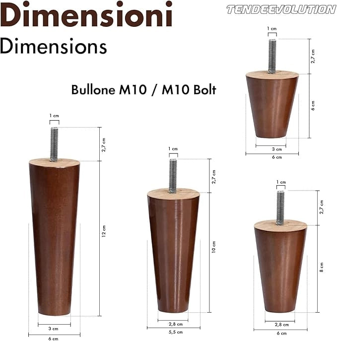 Piedini in Legno Modello Conico per Mobili e Divani | Altezza 10cm | Faggio Massello | Finitura Noce
