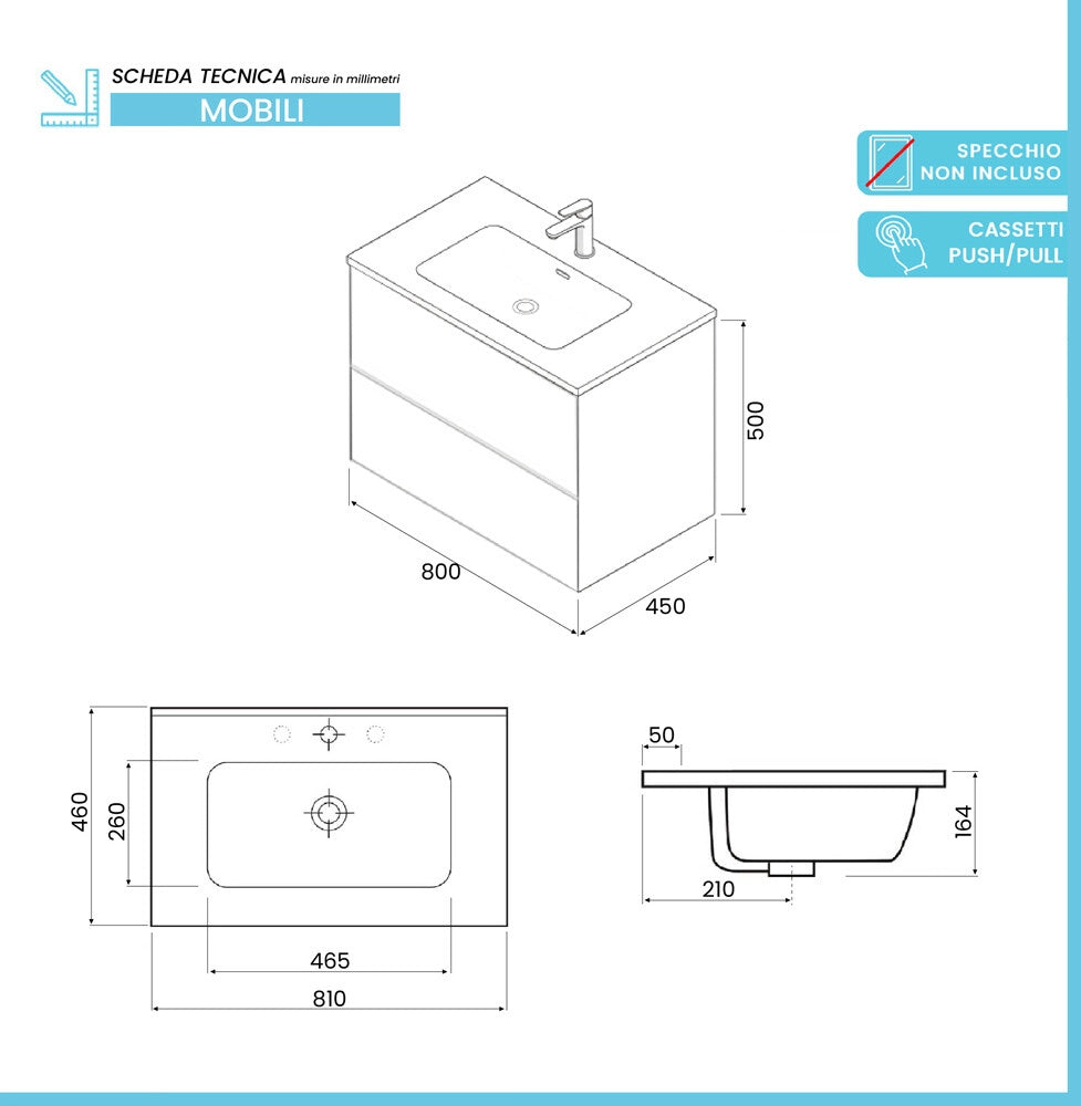Mobile bagno sospeso 80 cm blu due cassetti push-pull e lavabo Tierra