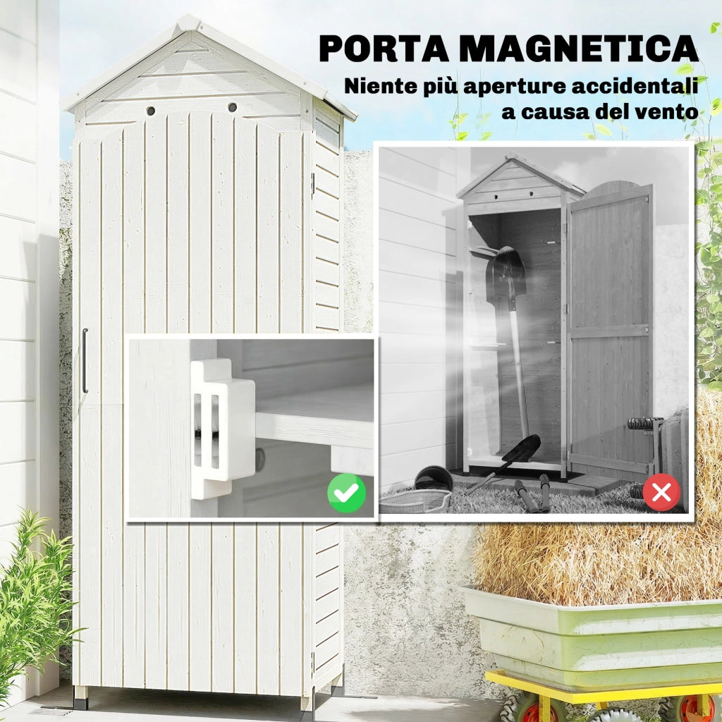 Casetta Box da Giardino 85x58x213 cm Ripostiglio con Scaffali Regolabili e Tetto Zincato in Legno Bianco