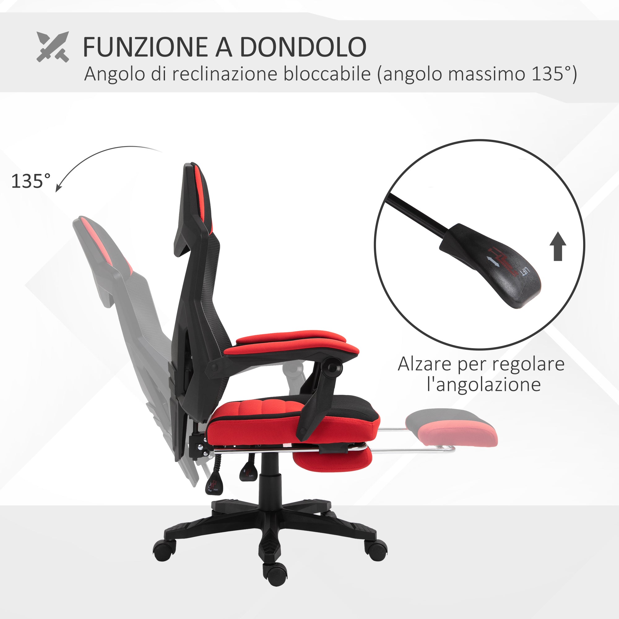 Sedia da Gaming Ergonomica e Reclinabile 58x63x112-122 cm in Tessuto a Rete Nero e Rosso
