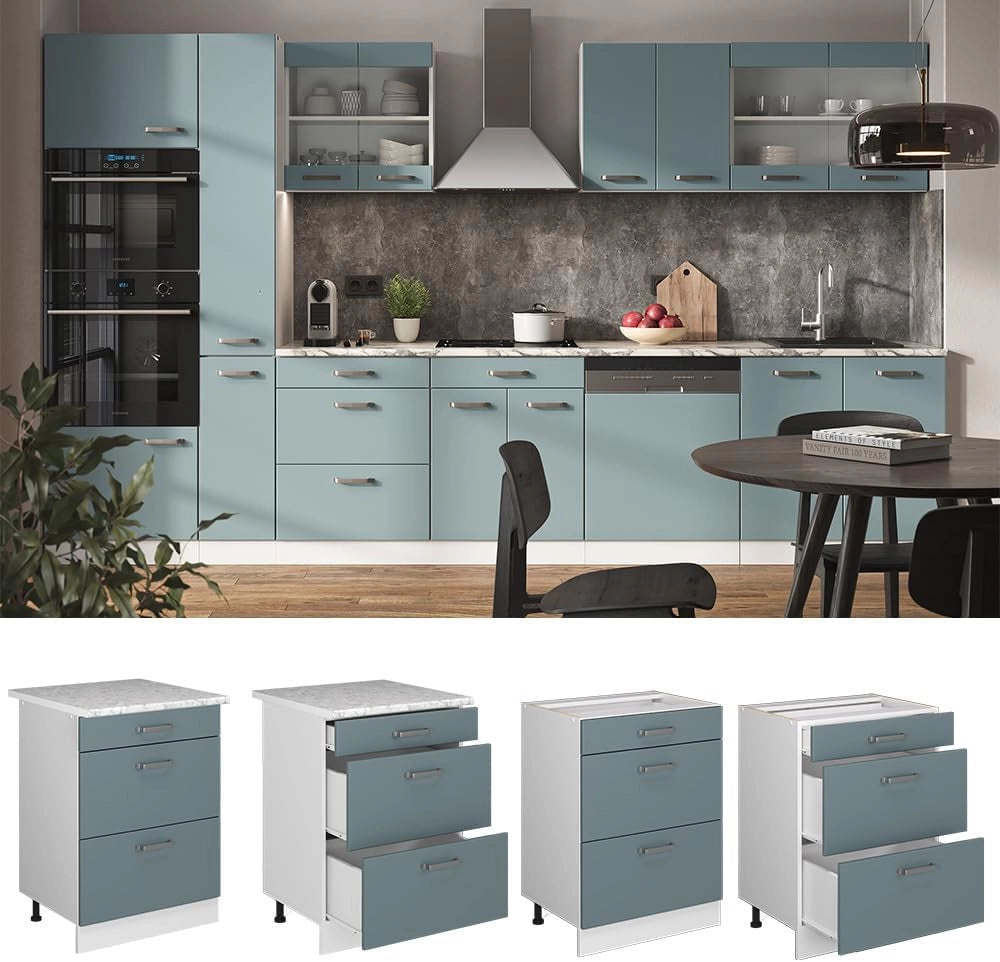 Mobiletto base per cucina R-Line, Grigio-blu, 60 cm con cassetti, senza piano di lavoro, per la libera combinazione all'interno di sistemi cucina modulari